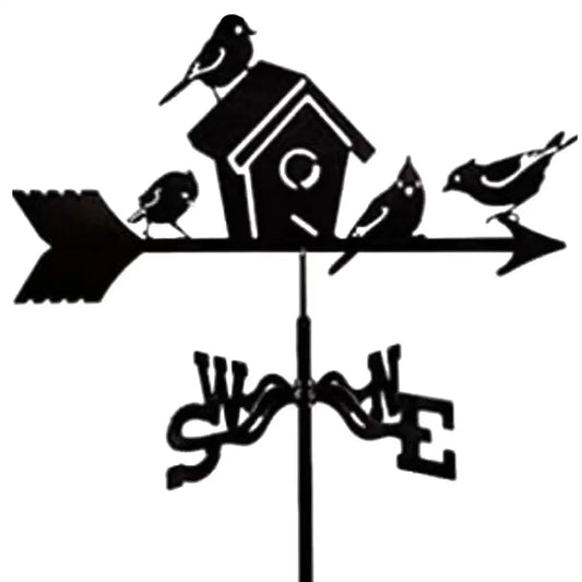 Girouette décorative de jardin avec oiseaux perchés et boussole directionnelle.