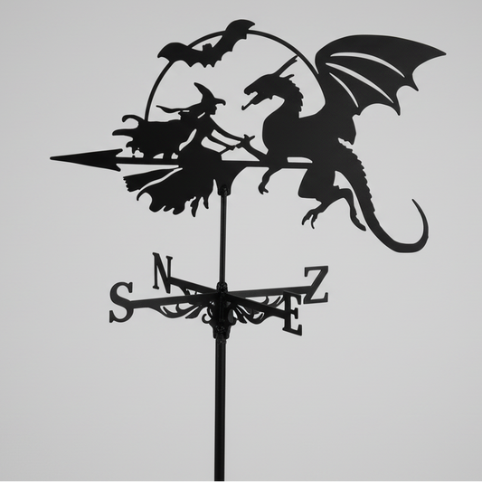 Girouette coq décorative sorcière dragon chauve-souris, ambiance Halloween.