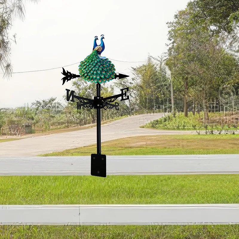 Girouette oiseau paons colorés jardin indiquant les directions.