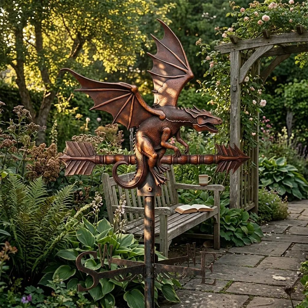 Girouette original dragon métal 55cm montée sur toiture avec finition vintage résistante aux intempéries.