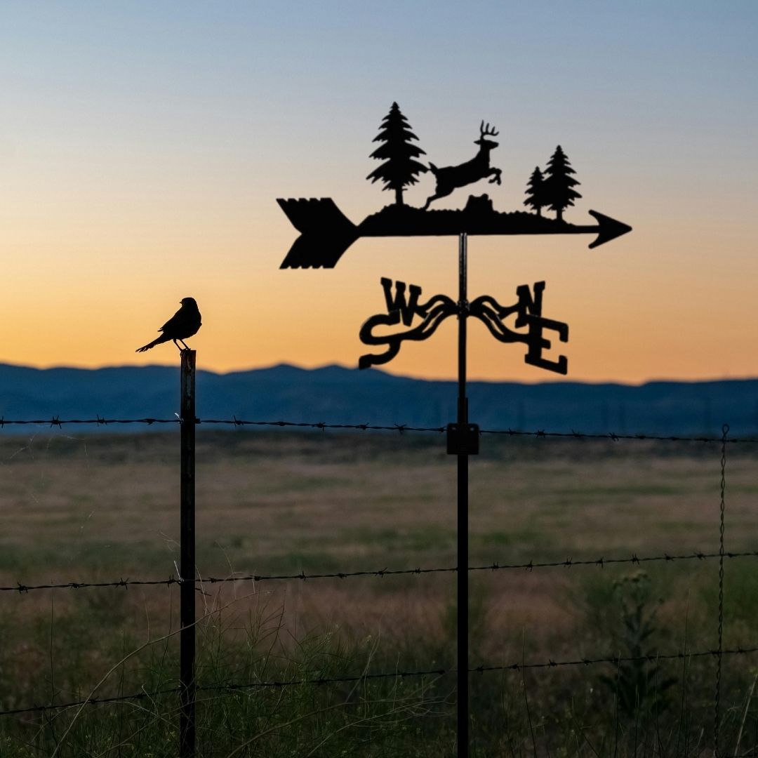 La silhouette de la girouette-taureau, ornée de silhouettes de forêt et de cerfs, illumine le ciel couchant. Un petit oiseau perché sur un poteau de clôture ajoute du charme au jardin, tandis que les montagnes complètent ce paysage extérieur paisible.