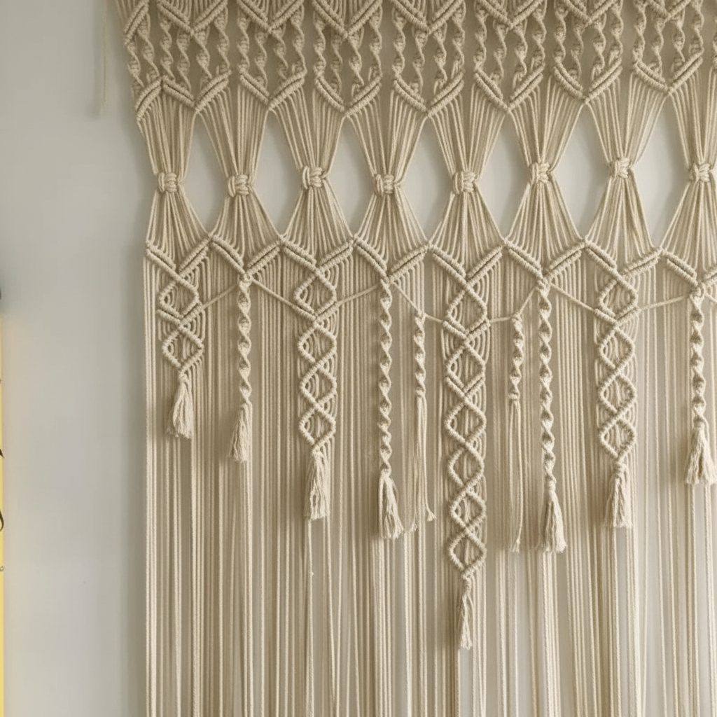 Gros plan tissage artisanal rideau de porte macramé coton naturel montrant motifs géométriques et franges