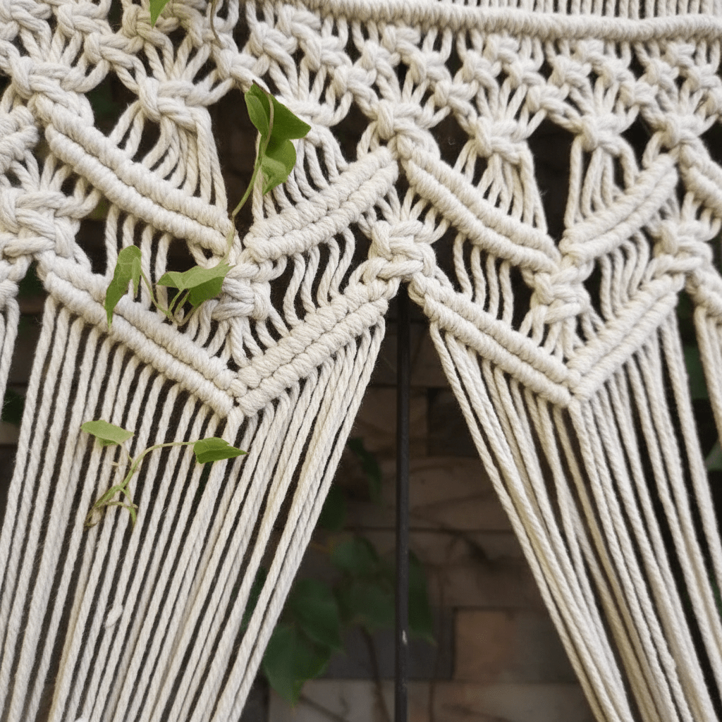 Gros plan tissage artisanal rideau macramé centrakor coton naturel montrant texture nœuds et franges fait main