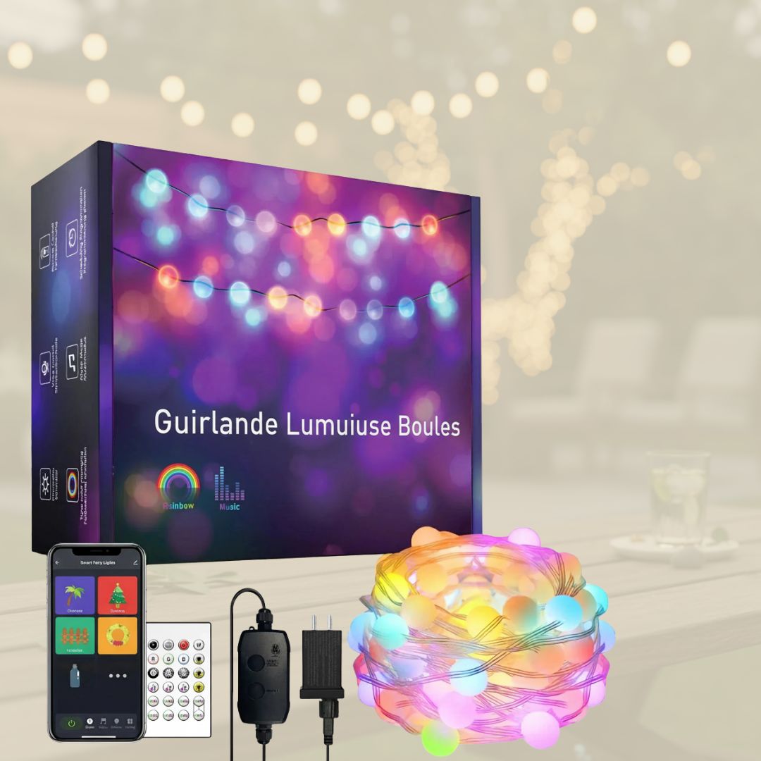 Guirlande lumineuse colorée, boîte d'emballage, télécommande, application smartphone.