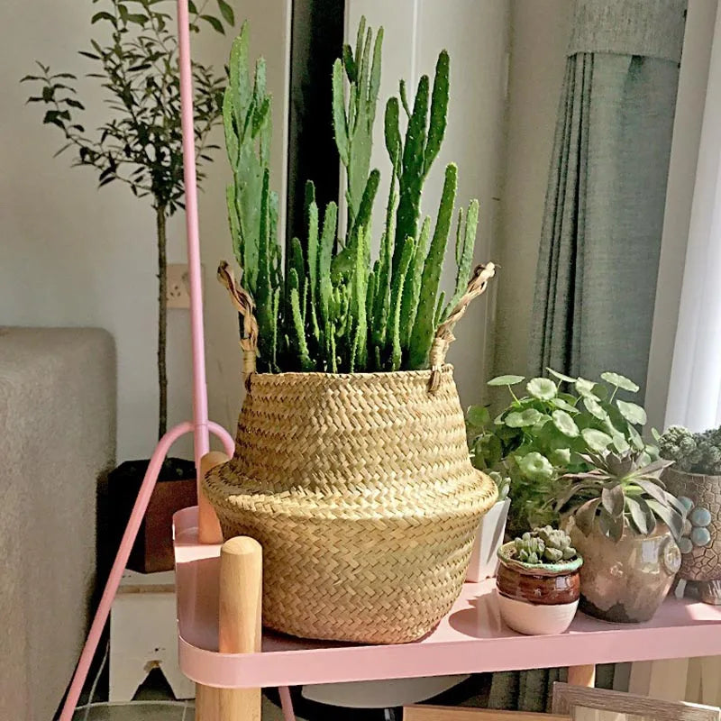 Panier en jonc de mer pliable, forme arrondie à ventre gonflé