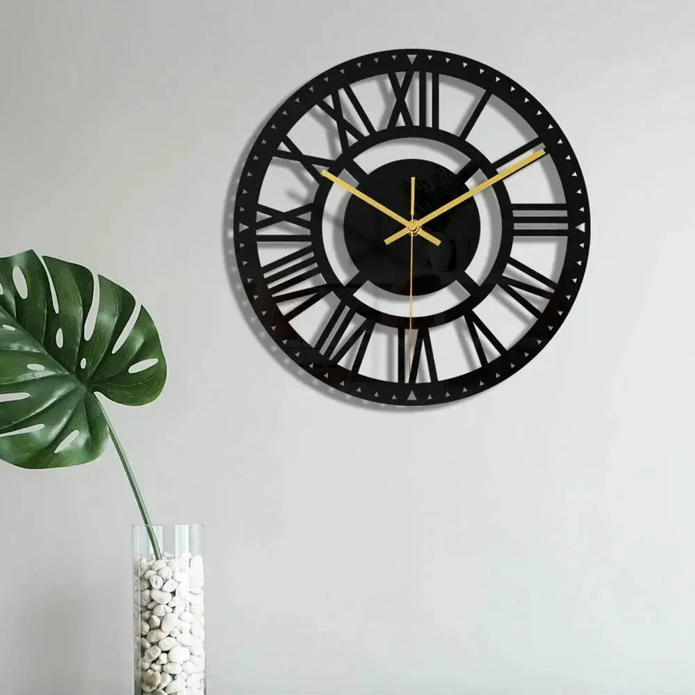 Horloge murale noire acrylique ajouree chambre nordique silencieuse quartz creatif