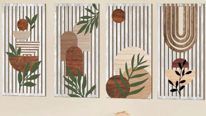 Quatre decorations bois murale abstraites avec motifs géométriques et feuilles vertes.