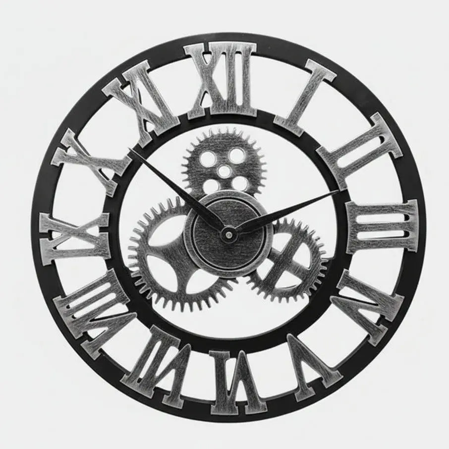 Horloge murale vintage engrenages 3D détail bois peint main texture métallique argent