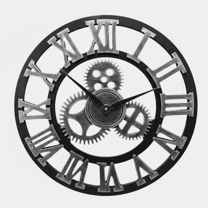 Horloge murale vintage engrenages 3D détail bois peint main texture métallique argent