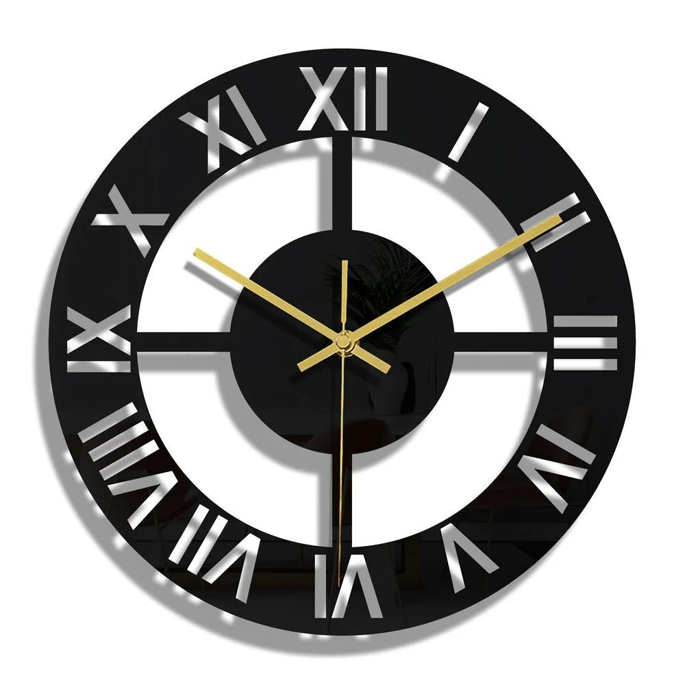 Horloge murale noire en acrylique avec motif floral, silencieuse, 30cm, style nordique, design élégant et moderne.