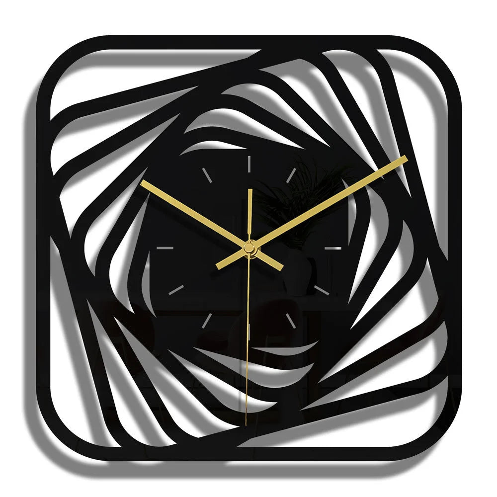 Horloge murale design noire ajourée en acrylique avec mécanisme silencieux style moderne.