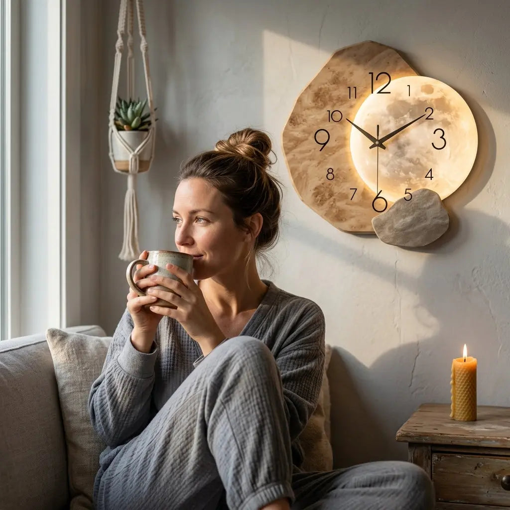 Horloge murale lumineuse en albâtre naturel avec pierre décorative gravée, design minimaliste premium, ambiance zen et élégante
