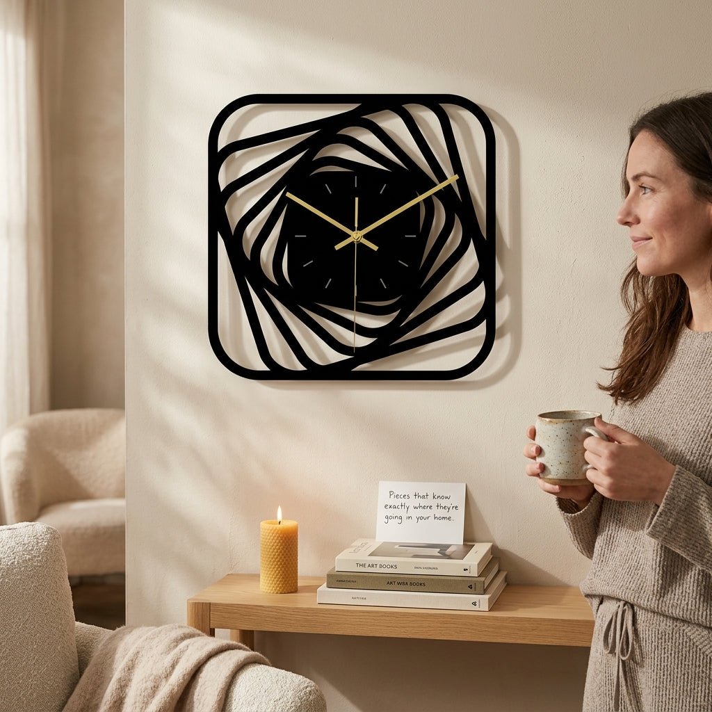 Horloge murale noire design installée dans un salon moderne au-dessus d'une étagère.