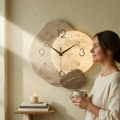 Horloge murale  rétroéclairée effet lune, décoration intérieure boho-chic, ambiance cosy avec bougie et suspension macramé
