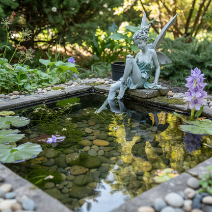 Jardin bassin eau décoration jardin fée résine gardienne mystique reflets eau plantes aquatiques contemplative