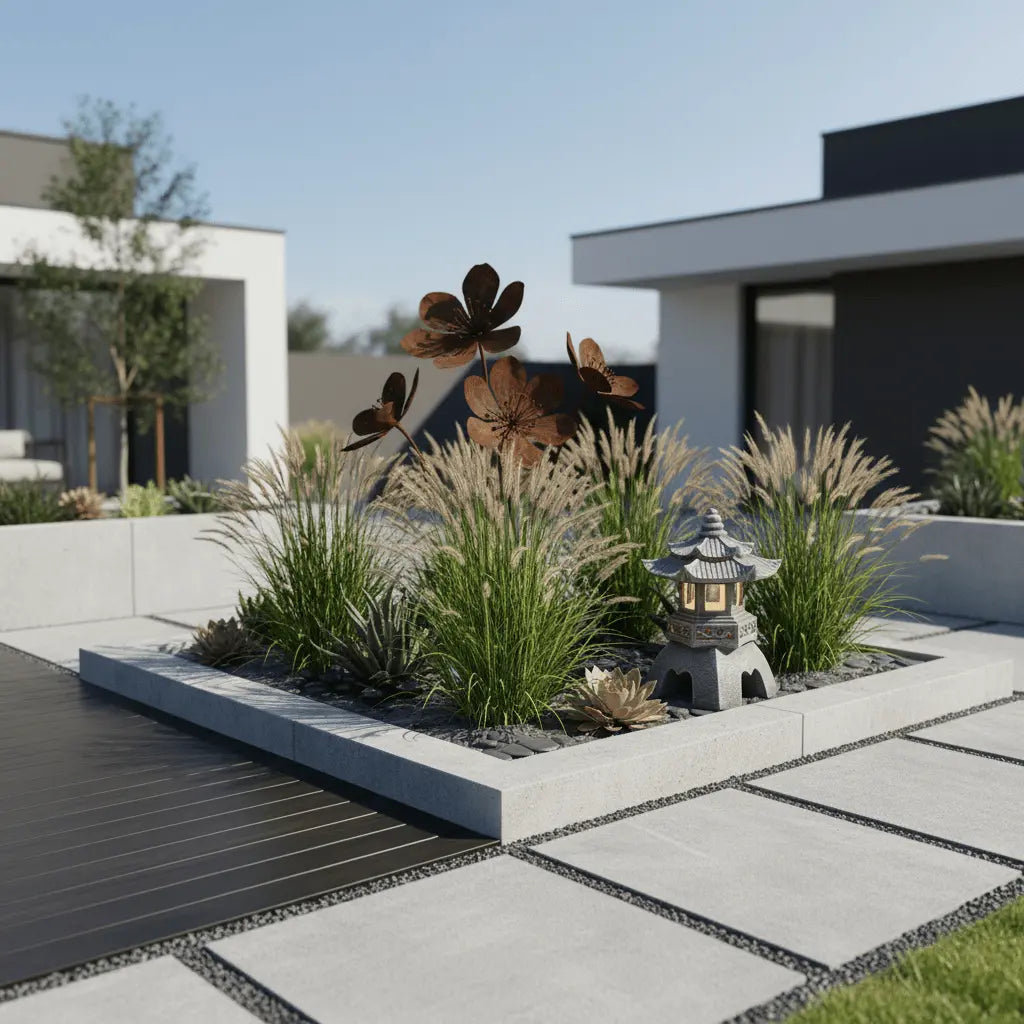 Jardin design contemporain décoration jardin Lanterne contraste matériaux naturels végétaux architecture paysagère