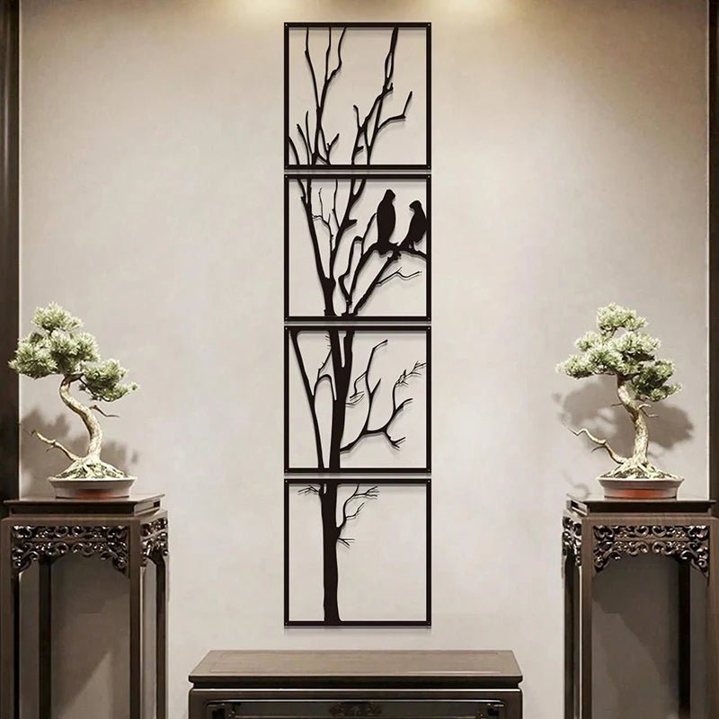 "Decoration murale pour salon élégante, branches d'arbre stylisées, oiseaux, ambiance zen."