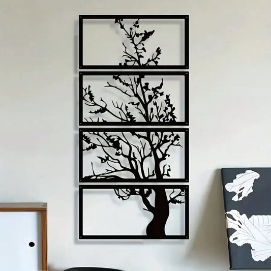 Quatre decoration murale pour cuisine noirs minimalistes, arbres stylisés noirs, moderne.