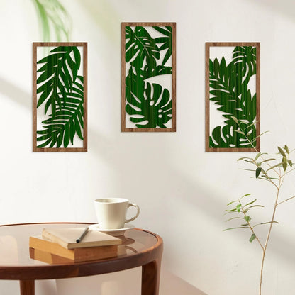 Trois panneaux de decoration murale bois feuillage tropical, style contemporain.