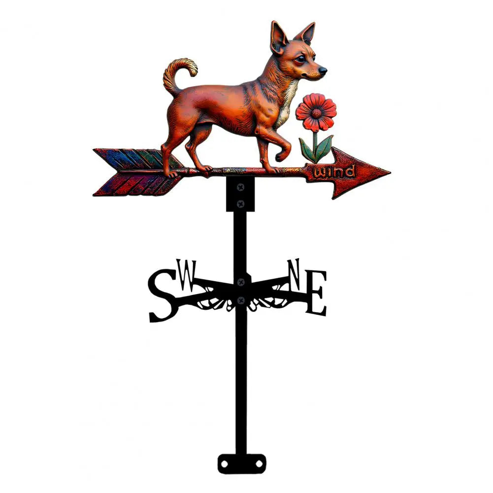 Girouette chien marron, fleur, flèche "wind", points cardinaux.