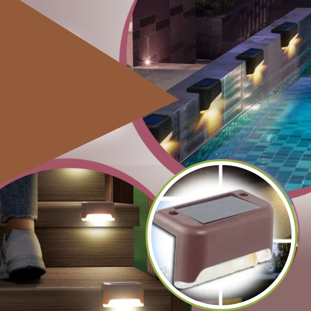 La Lampe solaire pour le jardin - MagicSolar™ offre un éclairage LED à énergie solaire pour les escaliers extérieurs et les bords de piscine la nuit ; un gros plan met en valeur son design rectangulaire marron.