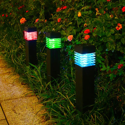 Trois lampadaires noirs aux couleurs vives (rouge, vert et bleu) sont illuminés la nuit. Ils sont entourés dune végétation luxuriante et de petites fleurs oranges, bordant un chemin de pierre.
