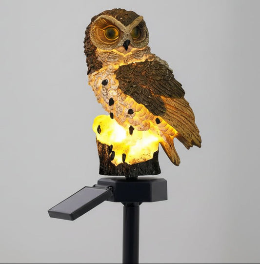 Lampe solaire extérieur hibou marron installée le long d'une allée de jardin, éclairage extérieur autonome et esthétique.