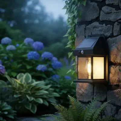 Lampe solaire jardin haut de gamme installée sur une façade moderne gris bleu, diffusant une lumière chaude à la tombée de la nuit.