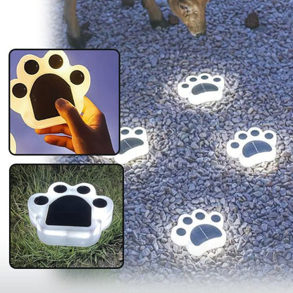 Les lampes solaires de jardin Griffe de chat éclairent élégamment une allée de gravier la nuit, une à la main. Une image en médaillon montre une lampe Griffe de chat sur lherbe pendant la journée, mettant en valeur son design distinctif pour un éclairage extérieur efficace.