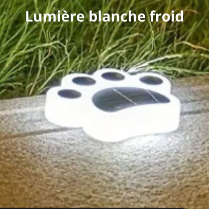 Les « Lampes jardins solaires | Griffe de chat » sont des lampes solaires en forme dempreinte de patte qui émettent une lumière blanche froide, idéale pour léclairage extérieur. Elles sont disposées sur une surface en bois avec de lherbe verte en arrière-plan, sous le texte « Lumière blanche froid ».