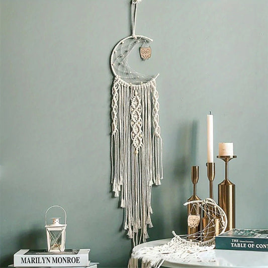 Macramé mural lune et étoile fait main en coton pour chambre bohème