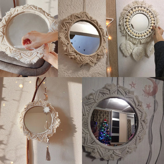 Miroir mural Bob Miroir – décoration bohème avec cadre macramé tissé main
