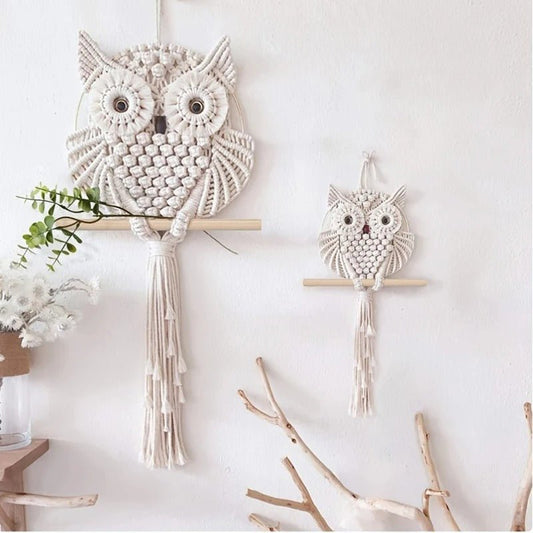 Macramé Hibou décoration murale artisanale en forme de hibou en coton naturel
