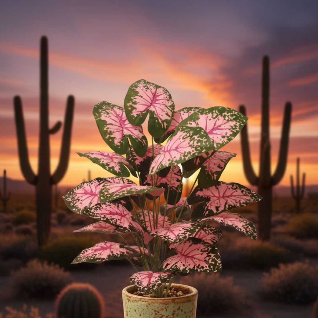 Magnifique Caladium rose et vert (Monstera artificielle, plantes artificielles extérieur) en pot dans un paysage désertique au coucher du soleil avec des cactus.