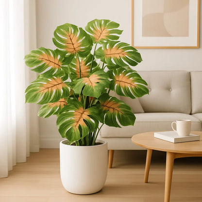 Plantes Artificielles Haut de Gamme Monstera dans un salon moderne — pièce maîtresse végétale réaliste