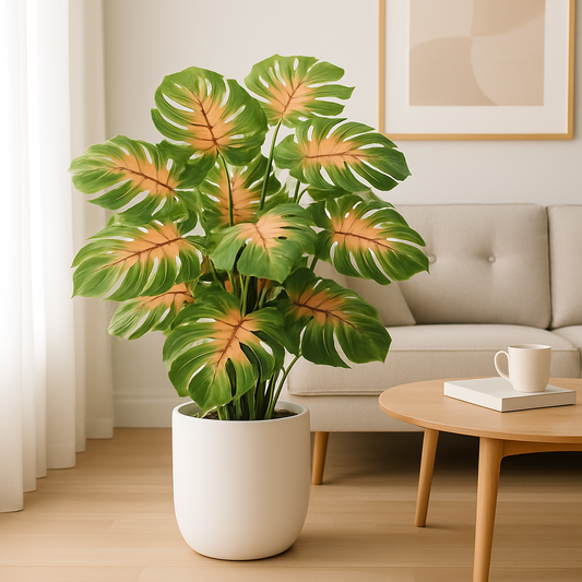  Grande plante artificielle tropicale en pot blanc dans salon moderne.