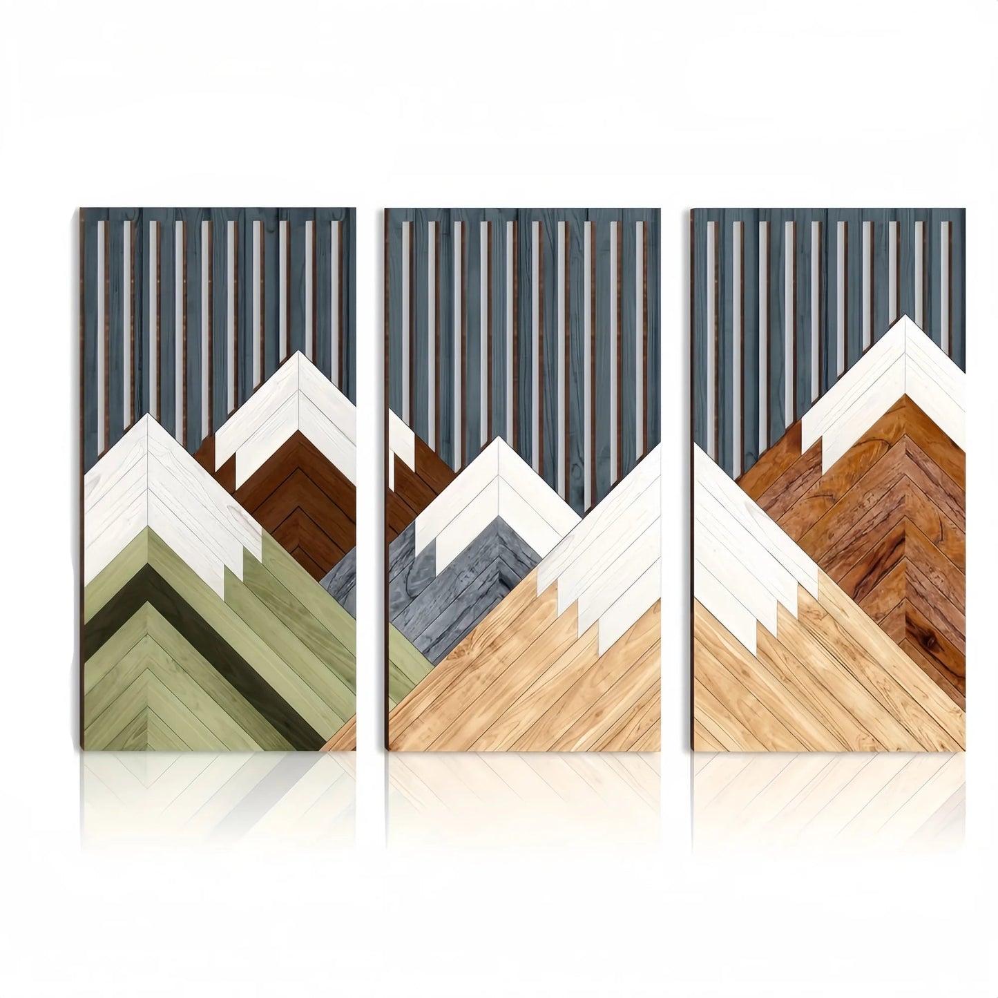 Trois panneaux de decoration murale en bois, représentant des montagnes stylisées aux teintes naturelles.