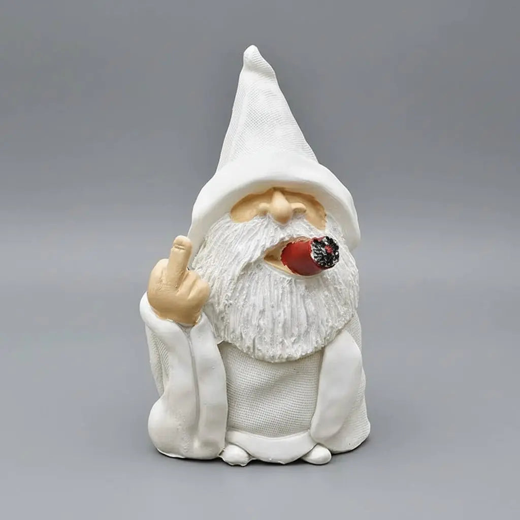 Nain de jardin doigt d'honneur fumeur cigarette résine blanc décalé statue