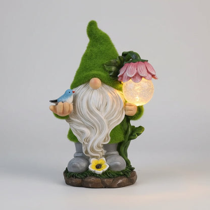 Statue nain de jardin en résine grande taille avec globe solaire lumineux, support fleurs, décoration extérieure.