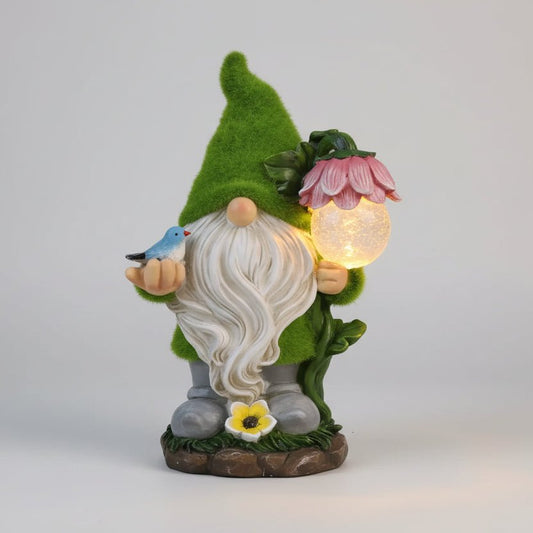 Statue nain de jardin en résine grande taille avec globe solaire lumineux, support fleurs, décoration extérieure.