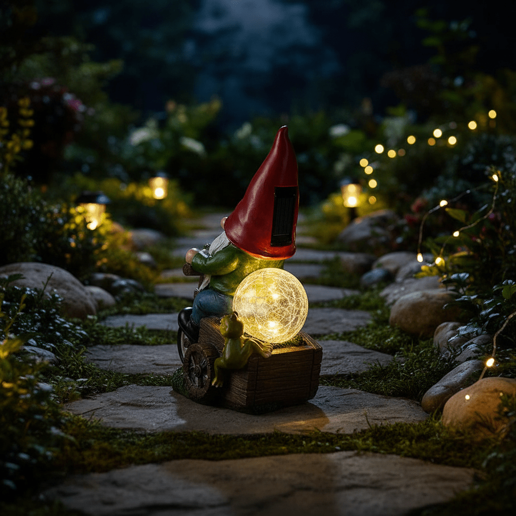 Nain de jardin moderne tricycle globe LED nuit ambiance magique nocturne