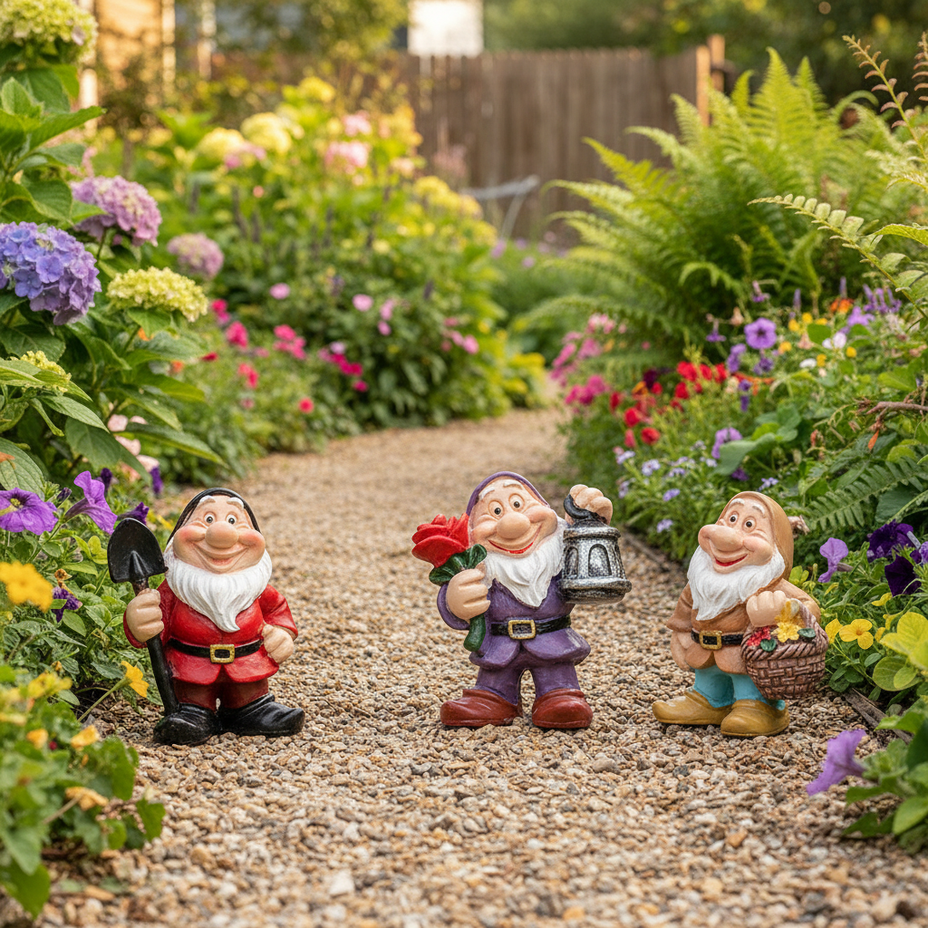 Nain de jardin rigolo 4 personnages allée jardin narratif