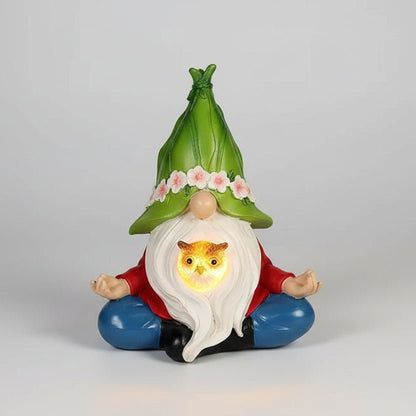 Nains de jardin doigt d'honneur méditant hibou LED chapeau feuille verte
