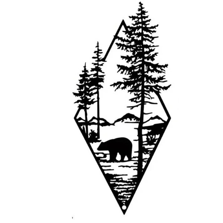 Ours dans forêt de conifères, décoration murale en métal noir, style minimaliste.