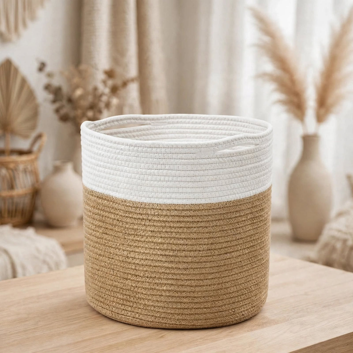 Panier de rangement cylindrique 20x20cm en corde de coton bicolore blanc et jute naturel - panier déco scandinave bohème petit format