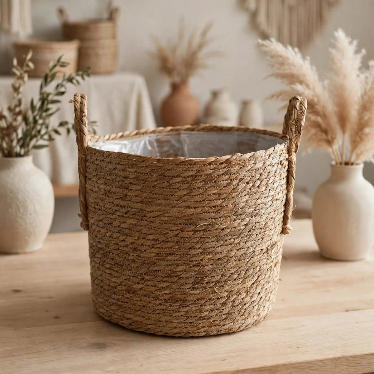 Panier de rangement cylindrique 30x27cm en jonc de mer tressé naturel, anses hautes assorties, intérieur avec protection - cache-pot et panier déco bohème scandinave