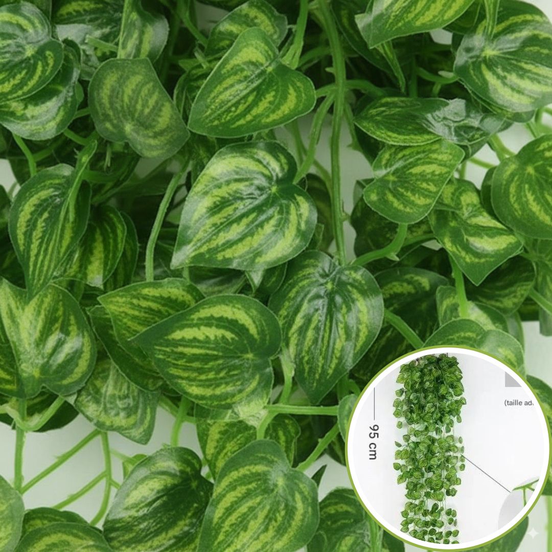Verdure luxuriante de plantes artificielles retombantes, idéale pour une décoration naturelle.