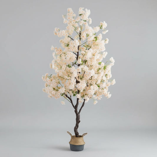 Plante Artificielle Intérieur Haut de Gamme Cerisier haut de gamme coloris Champagne — Arbre floral décoratif 120cm avec pétales beige nacrés pour salon élégant.salón elegante.