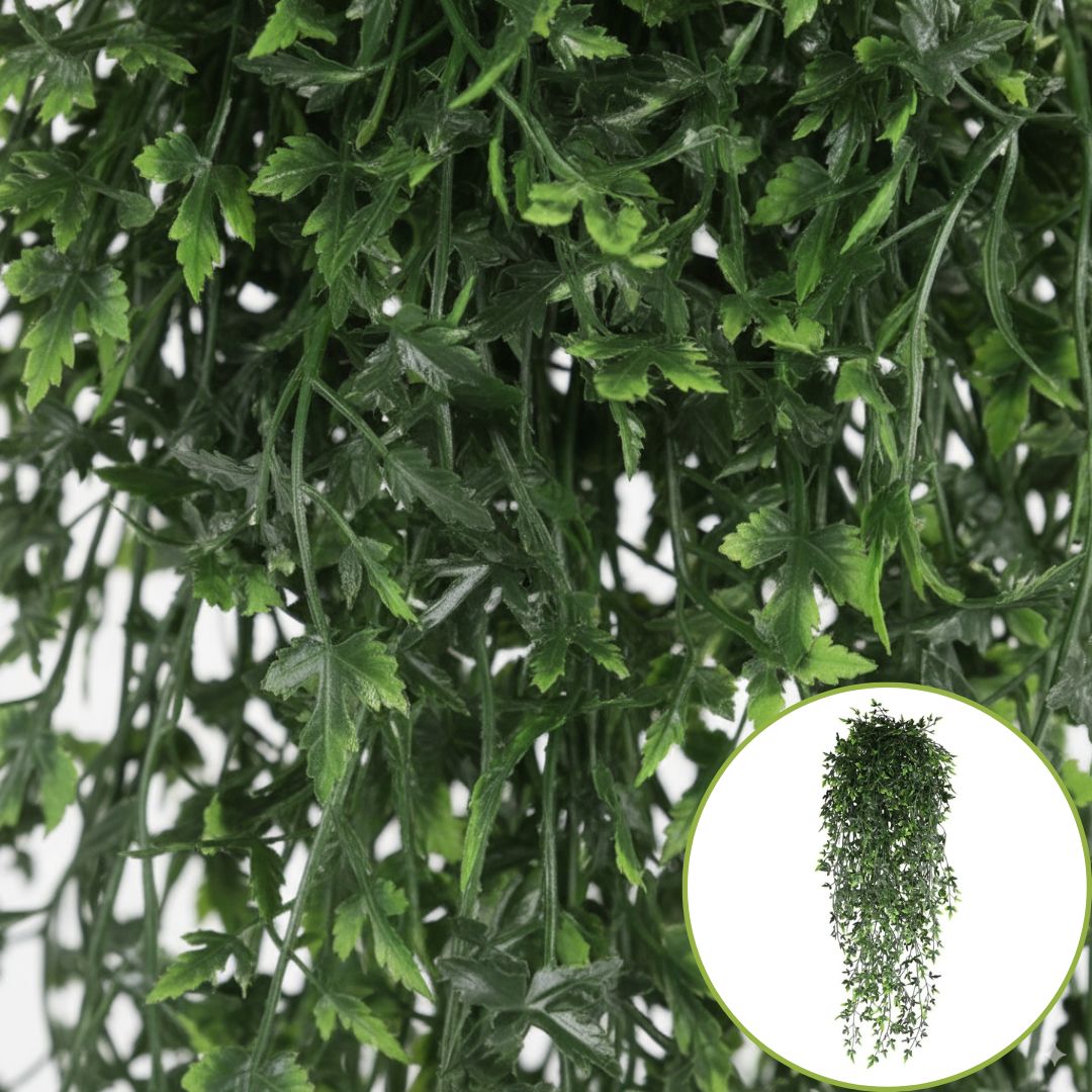  De longues Plantes artificielles retombantes vignes de lierre tombant avec des feuilles vertes panachées sur un mur.
