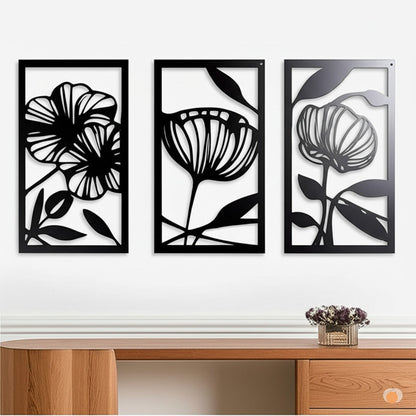 Quatre panneaux noirs floraux, détails découpés au laser, élégance naturelle, décoration murale arbre de vie.